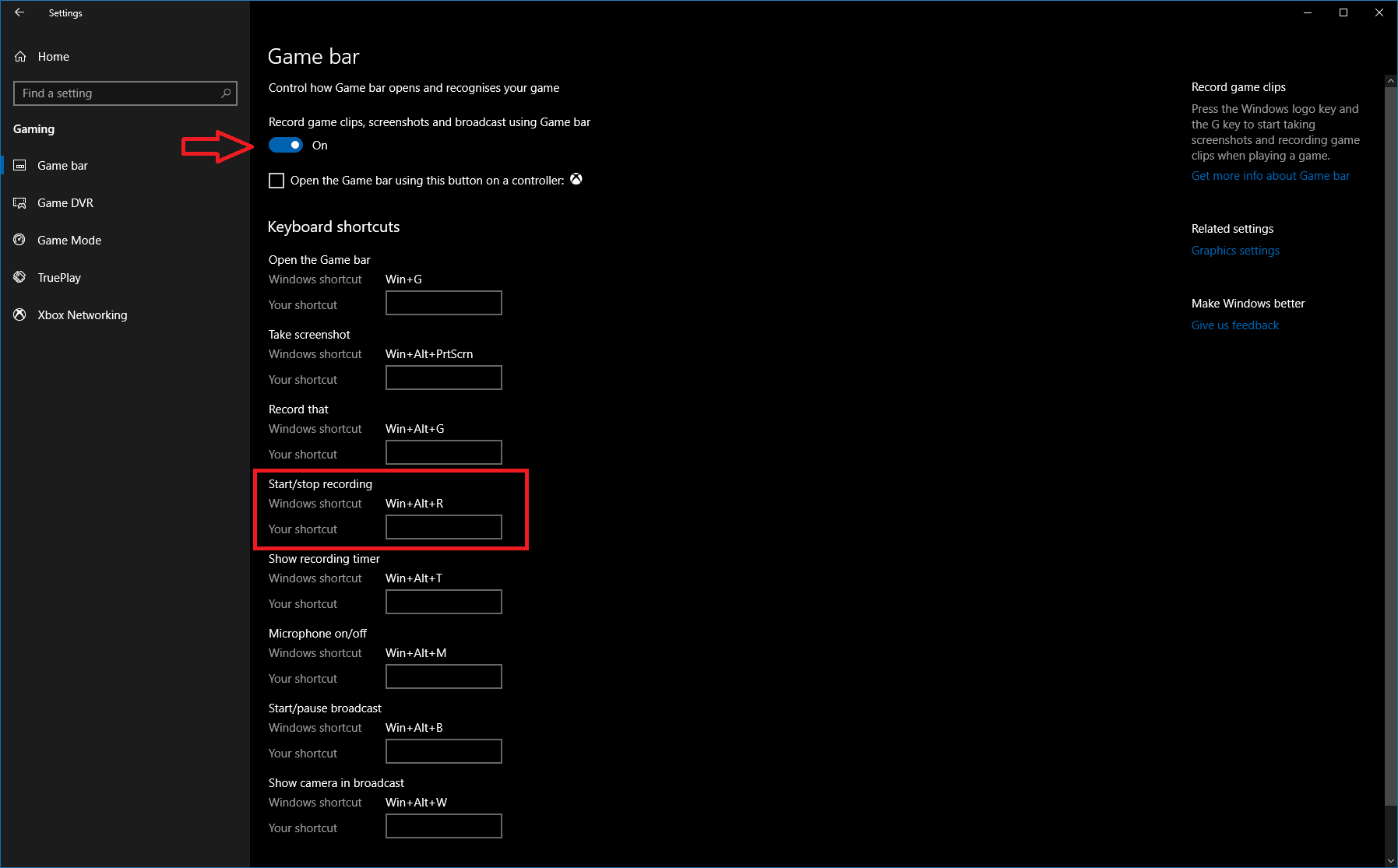 Screenshot of Xbox Game Bar settings