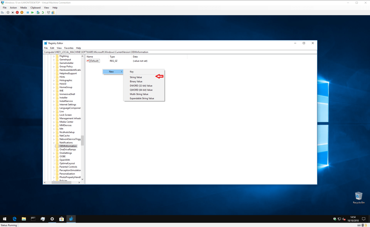 Screenshot of editing Windows 10 OEM information in the registry