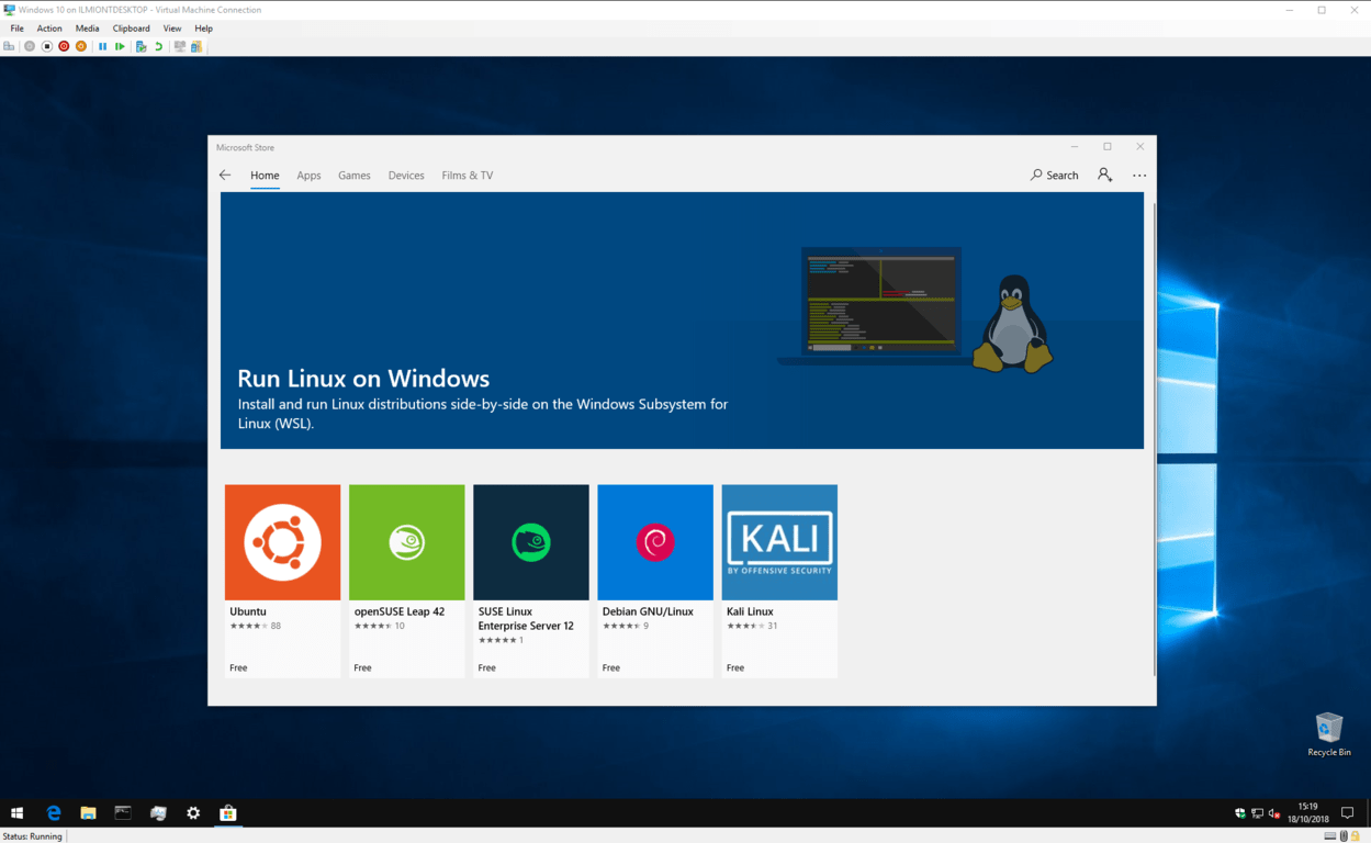Screenshot of Linux distributions in the Windows Store