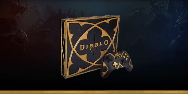 The Diablo edition Xbox One X and controller in black and gold colors.