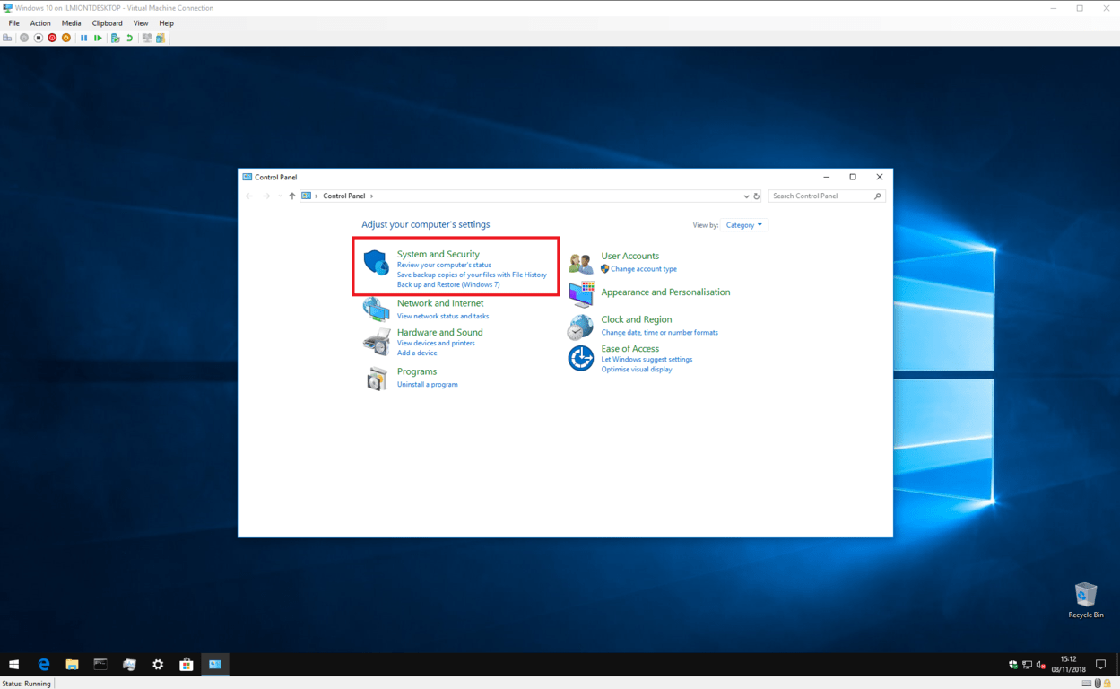 Screenshot of Control Panel System category on Windows 10