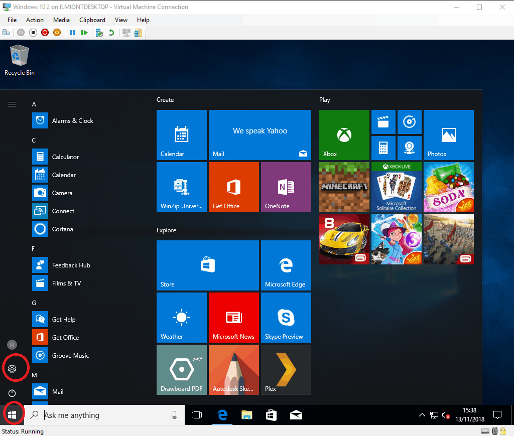 Screenshot of Windows 10 clean install start menu