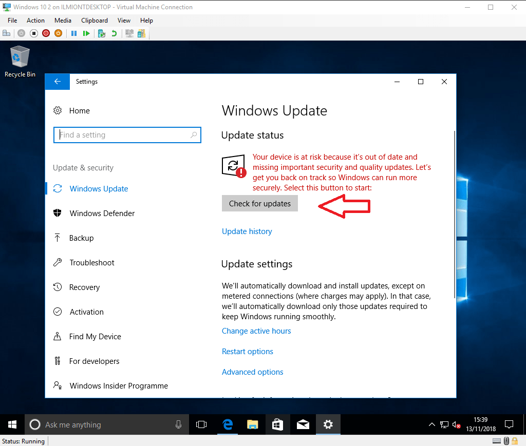Screenshot of Windows 10 update settings