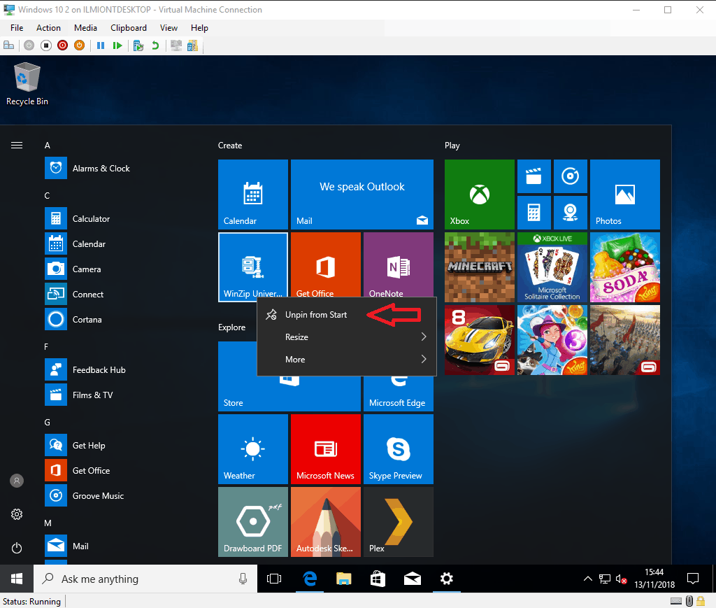 Screenshot of Windows 10 clean install start menu