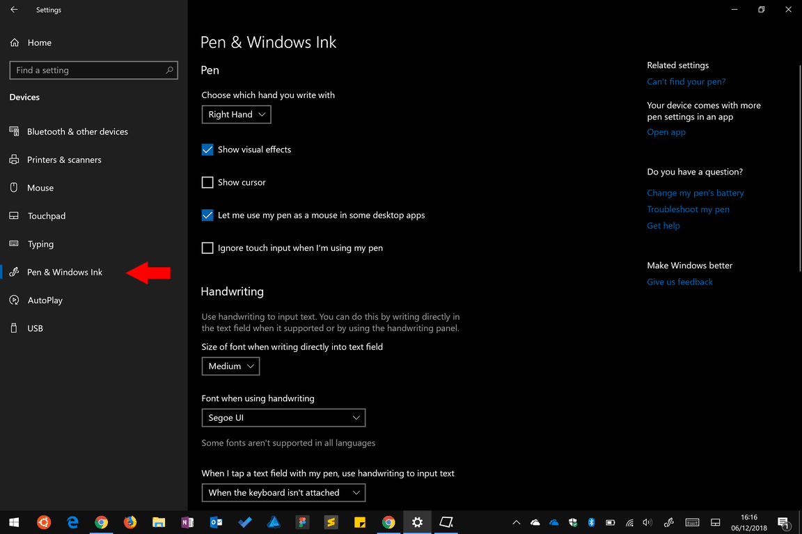 Windows 10 Pen settings