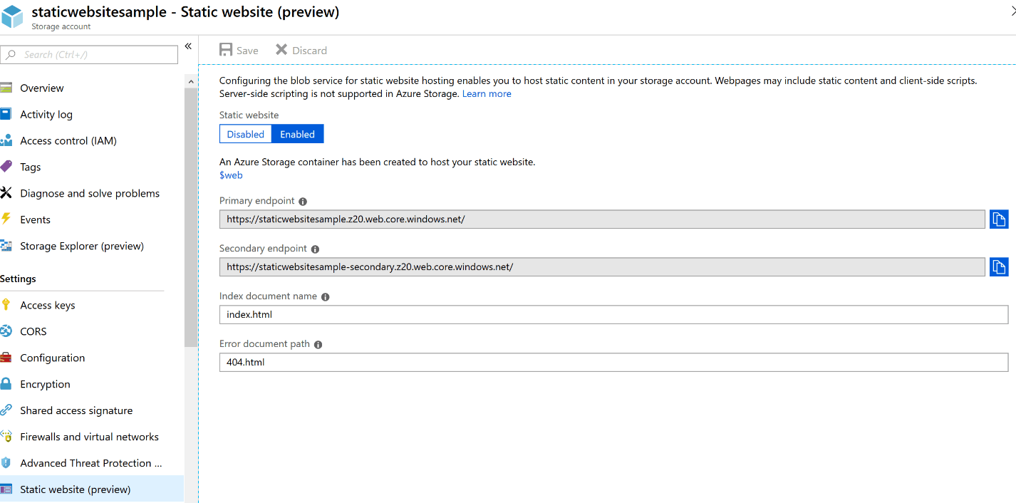 Azure Portal static website settings