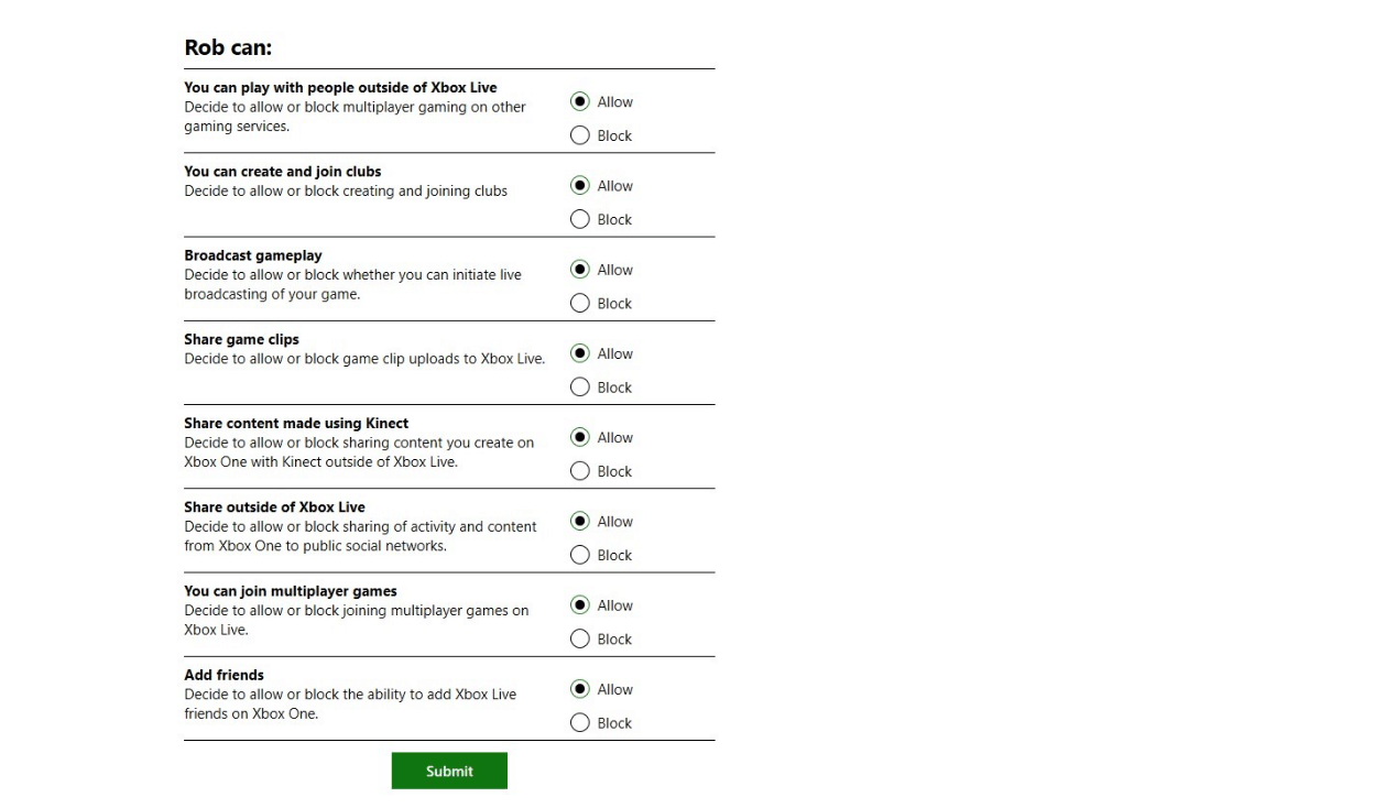 Xbox Child Settings