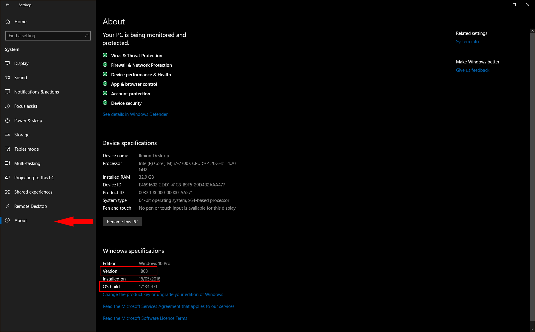 Windows 10 Settings About screenshot