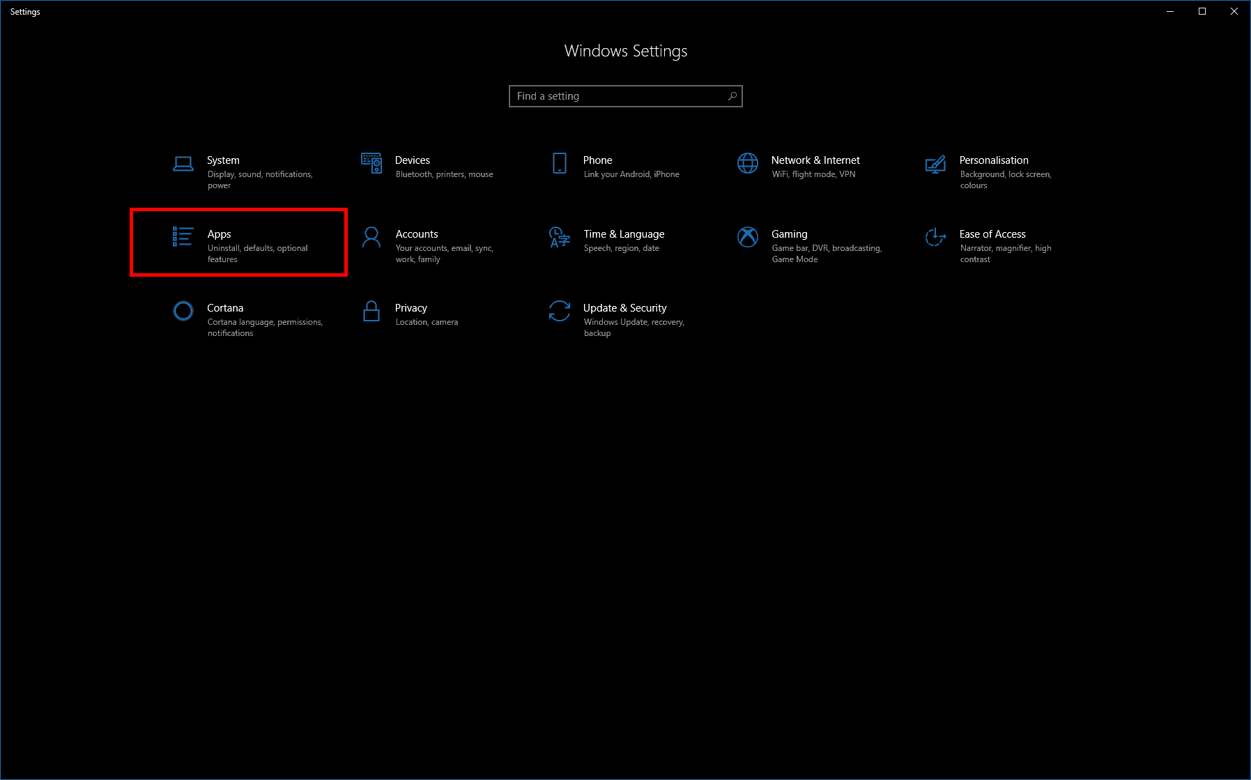 Windows 10 Settings homepage screenshot