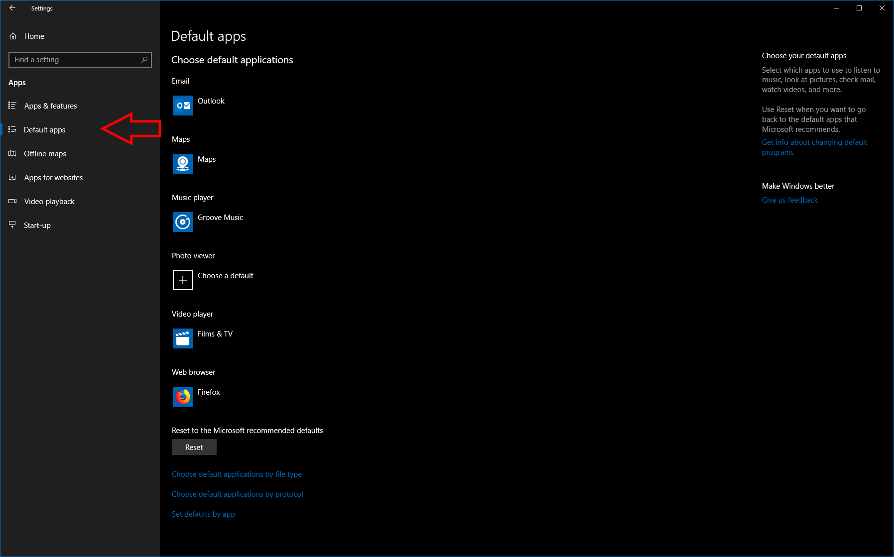 Windows 10 Default apps screenshot