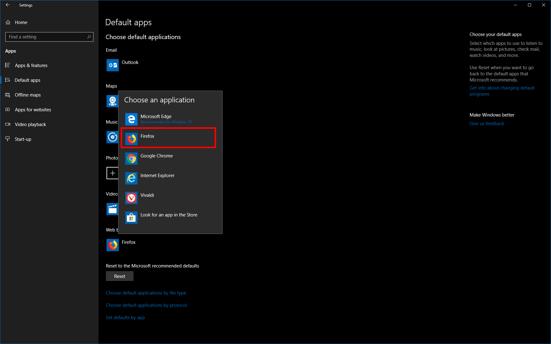 Windows 10 Default apps screenshot