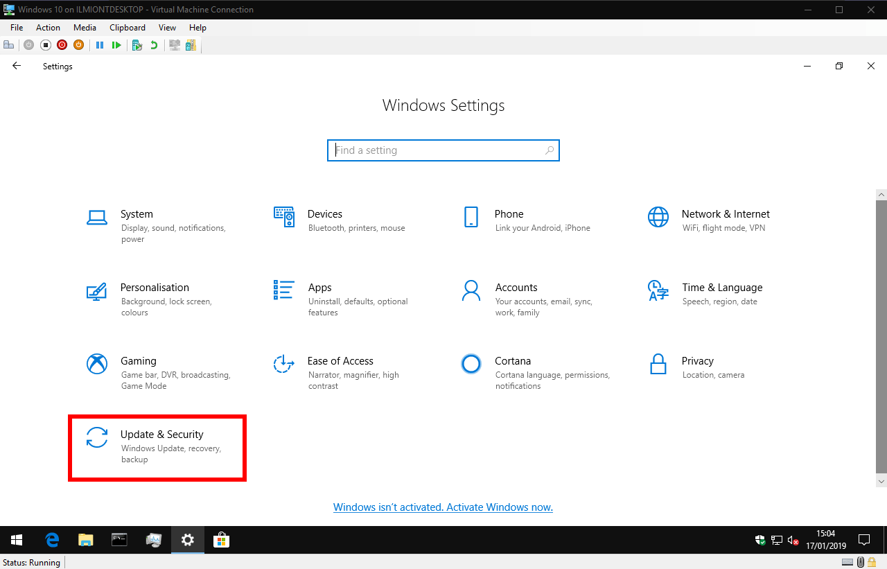 Windows 10 Settings app Update & security category