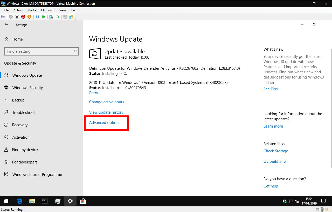 Pausing updates in Windows 10 1809