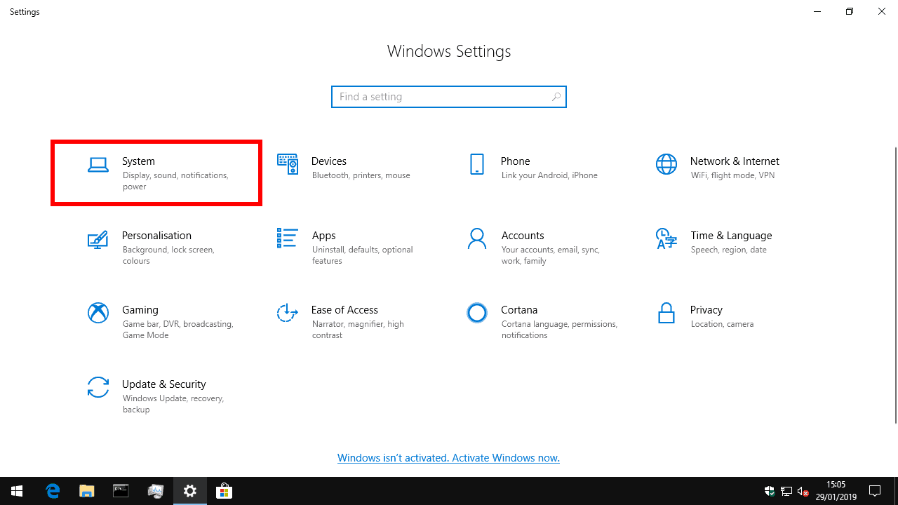 Windows 10 Settings system category