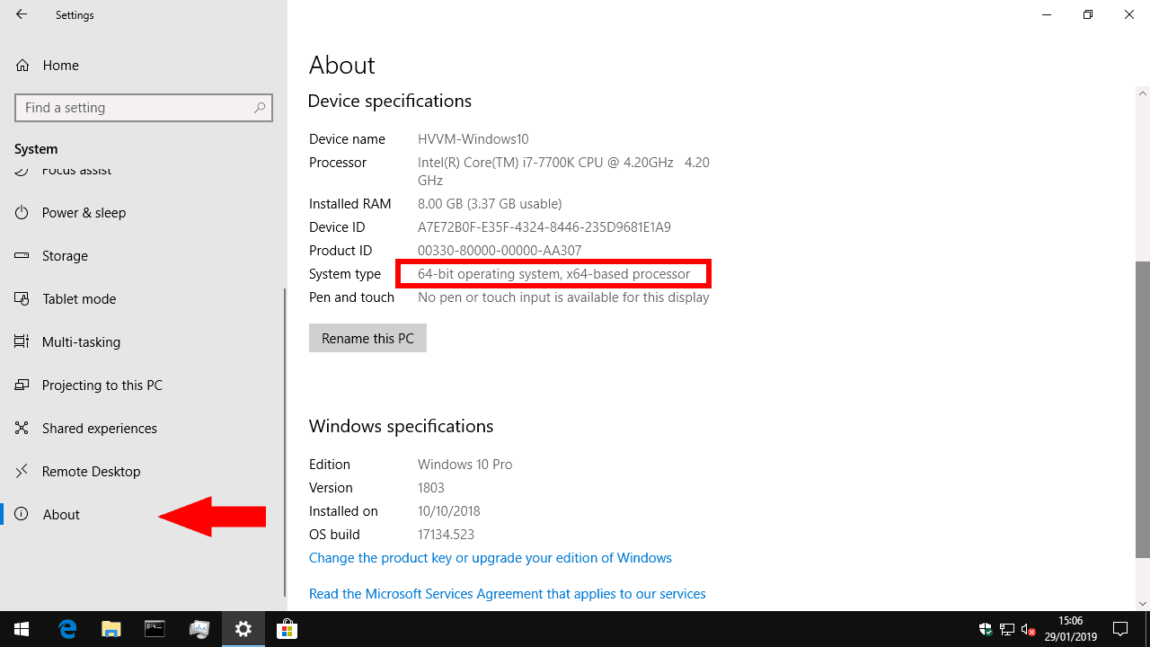 Windows 10 checking system architecture type in settings
