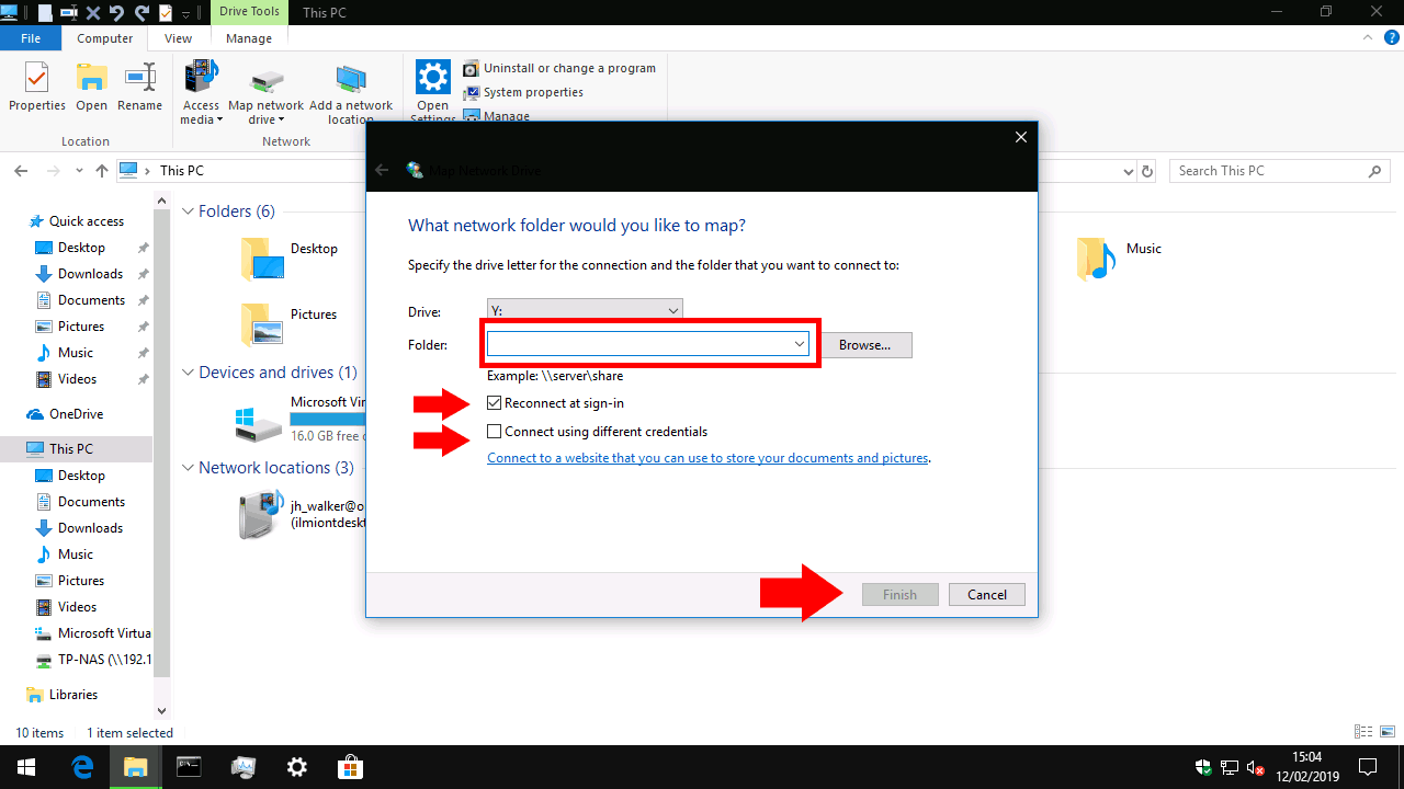 Screenshot of mapping a network drive in Windows 10