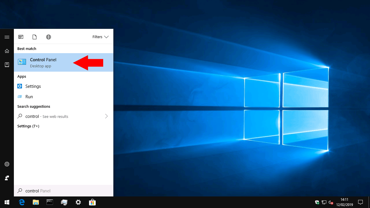 Windows 10 searching for Control Panel screenshot