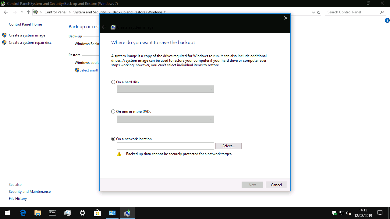 Screenshot of creating a system image in Windows 10