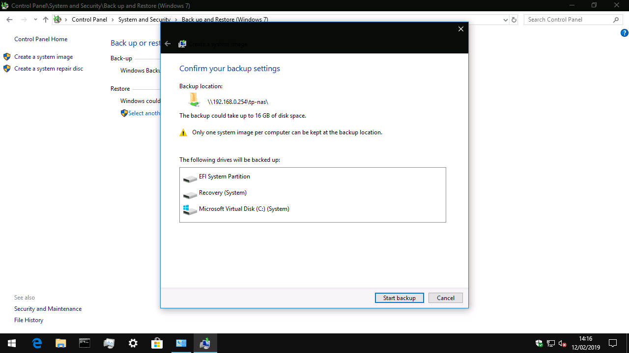 Screenshot of creating a system image in Windows 10 