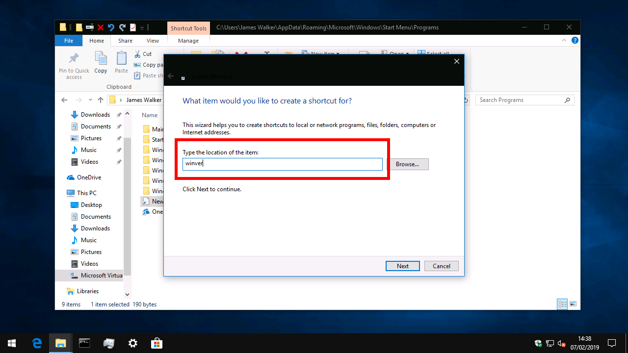 Creating a custom shortcut in the Windows 10 Start menu