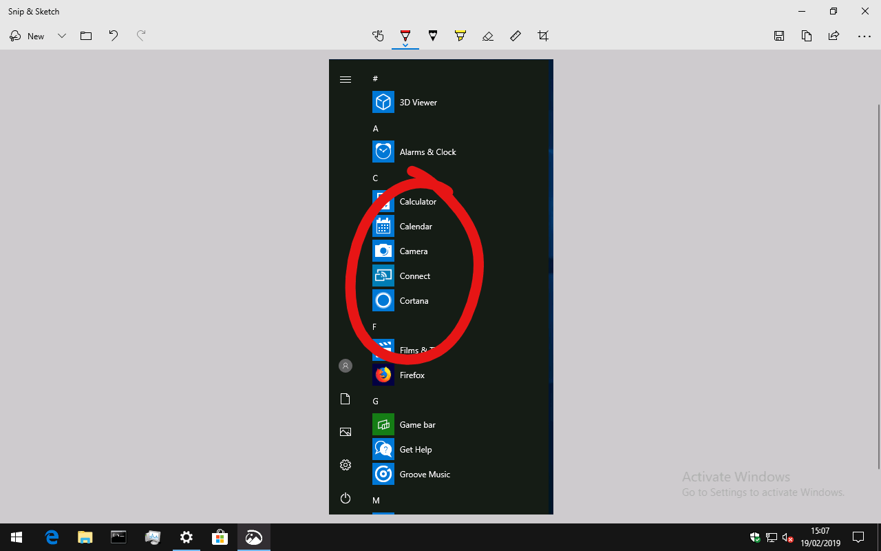 Screenshot of Windows 10 Snip & Sketch app
