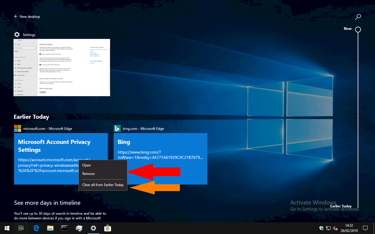 odebrání položek časové osy systému Windows 10
