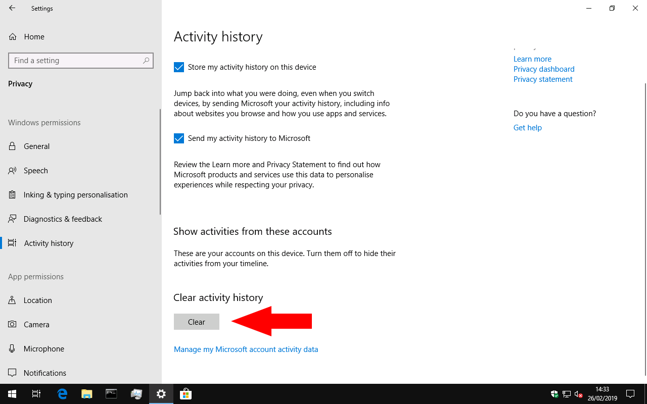 Clearing Windows 10 Timeline