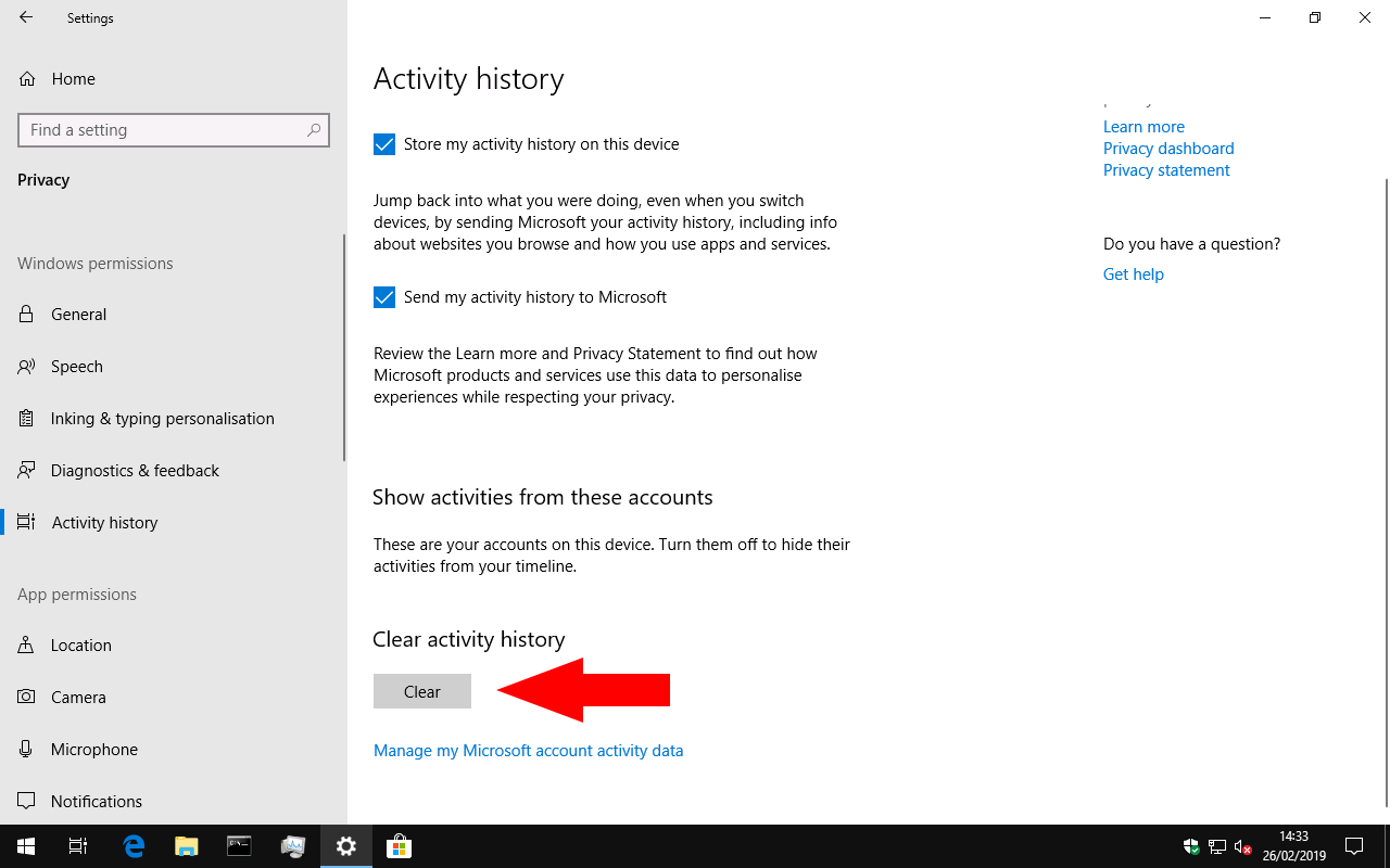  rensa Windows 10 tidslinje