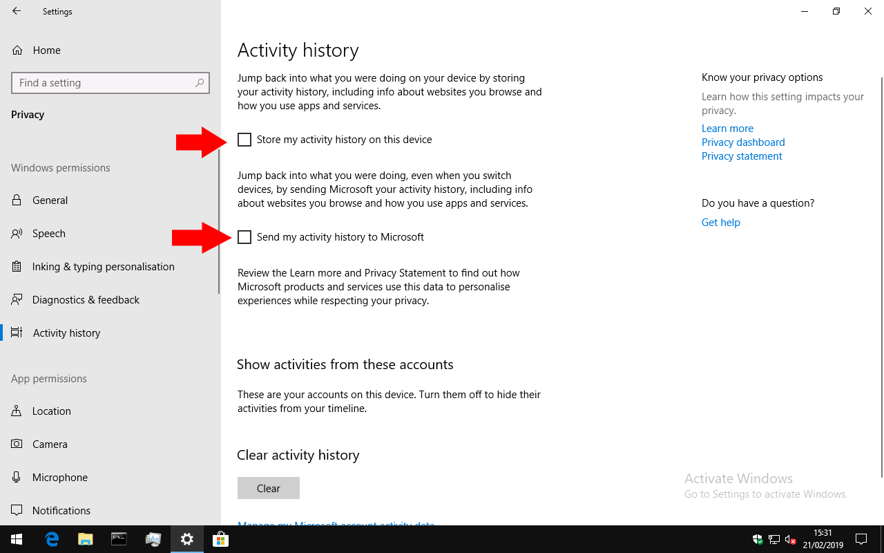 Screenshot of Windows 10 Activity History settings