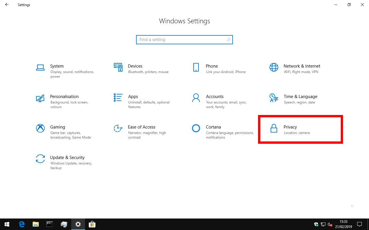 Windows 10 configurações de privacidade da categoria no aplicativo configurações de página inicial