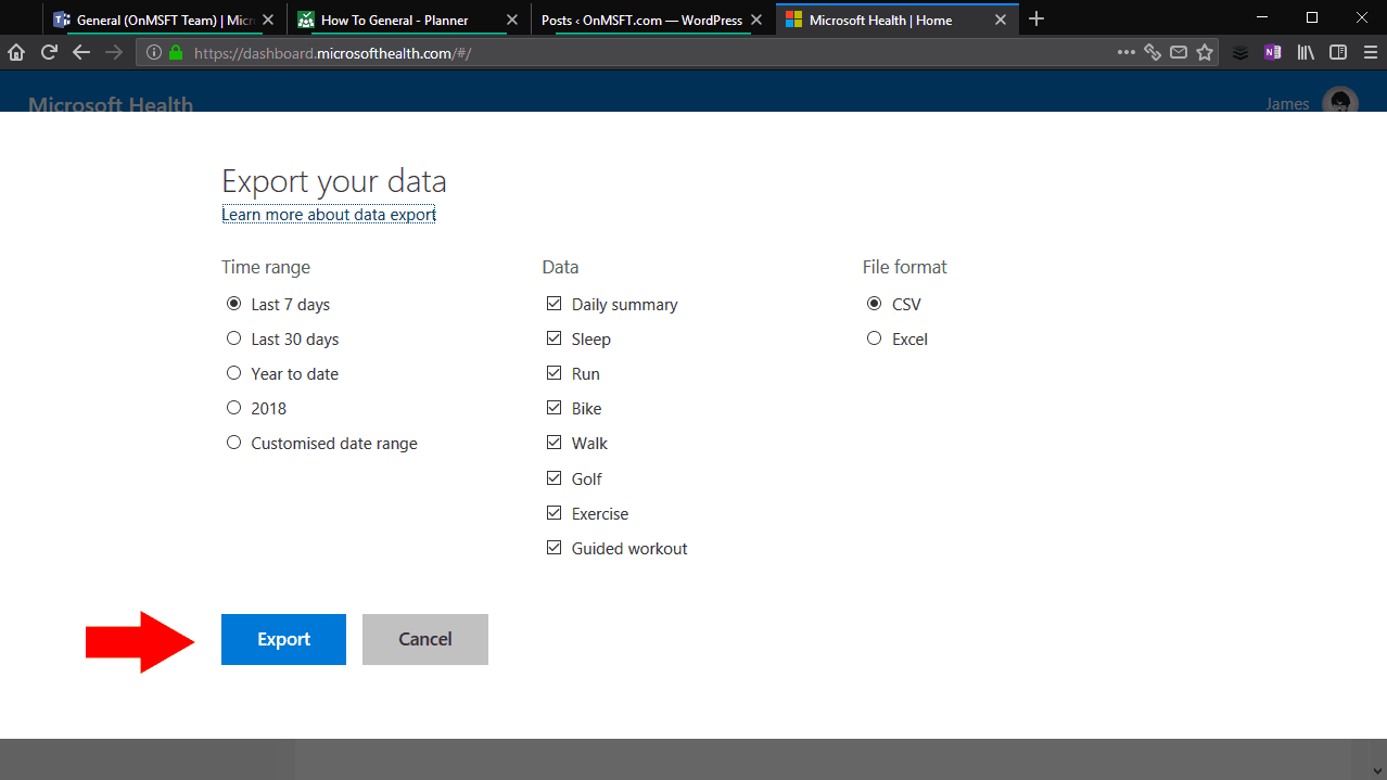 Exporting data from Microsoft Health