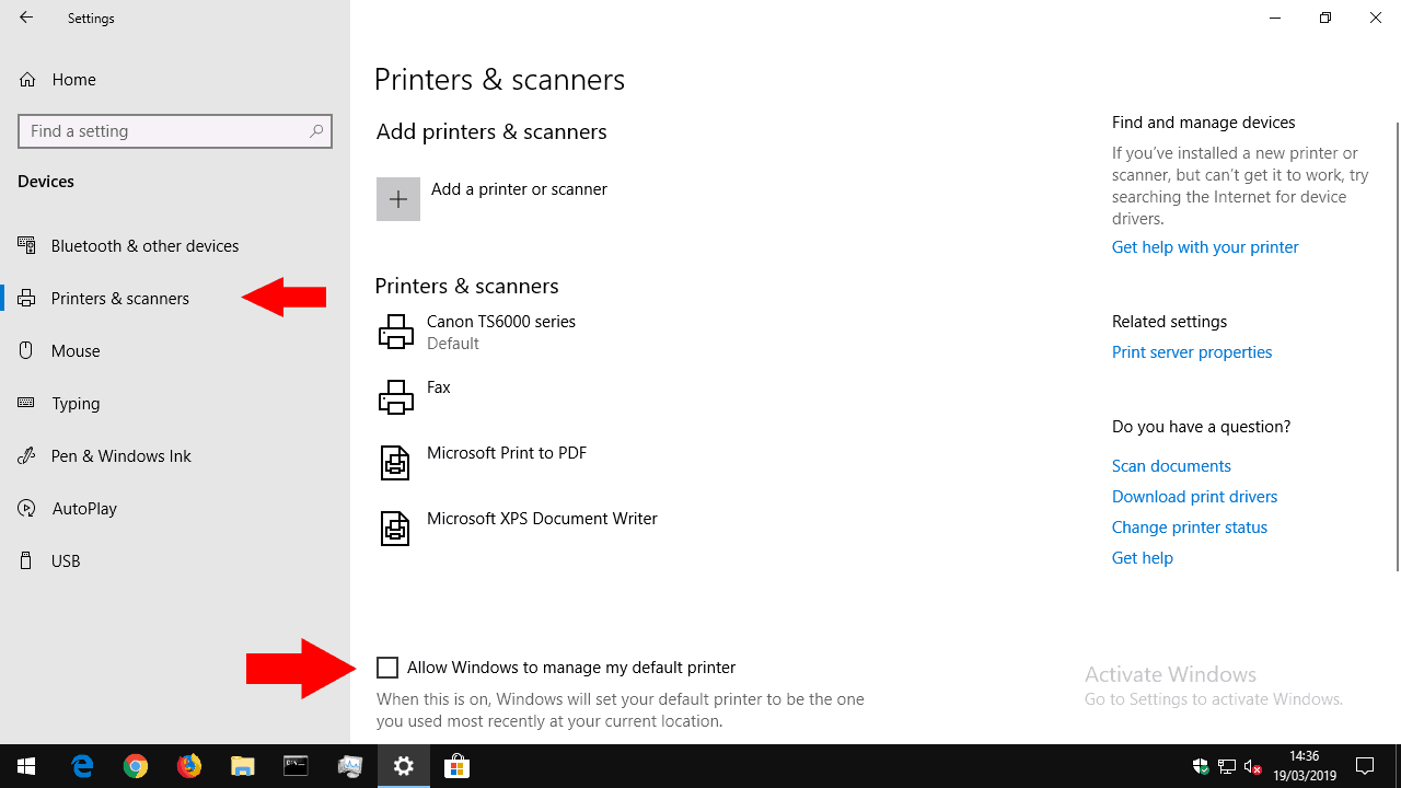 Setting default printer in Windows 10