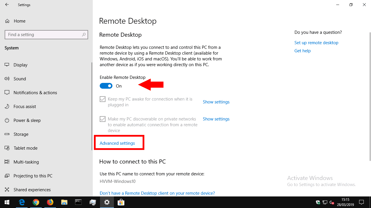Remote Desktop settings in Windows 10