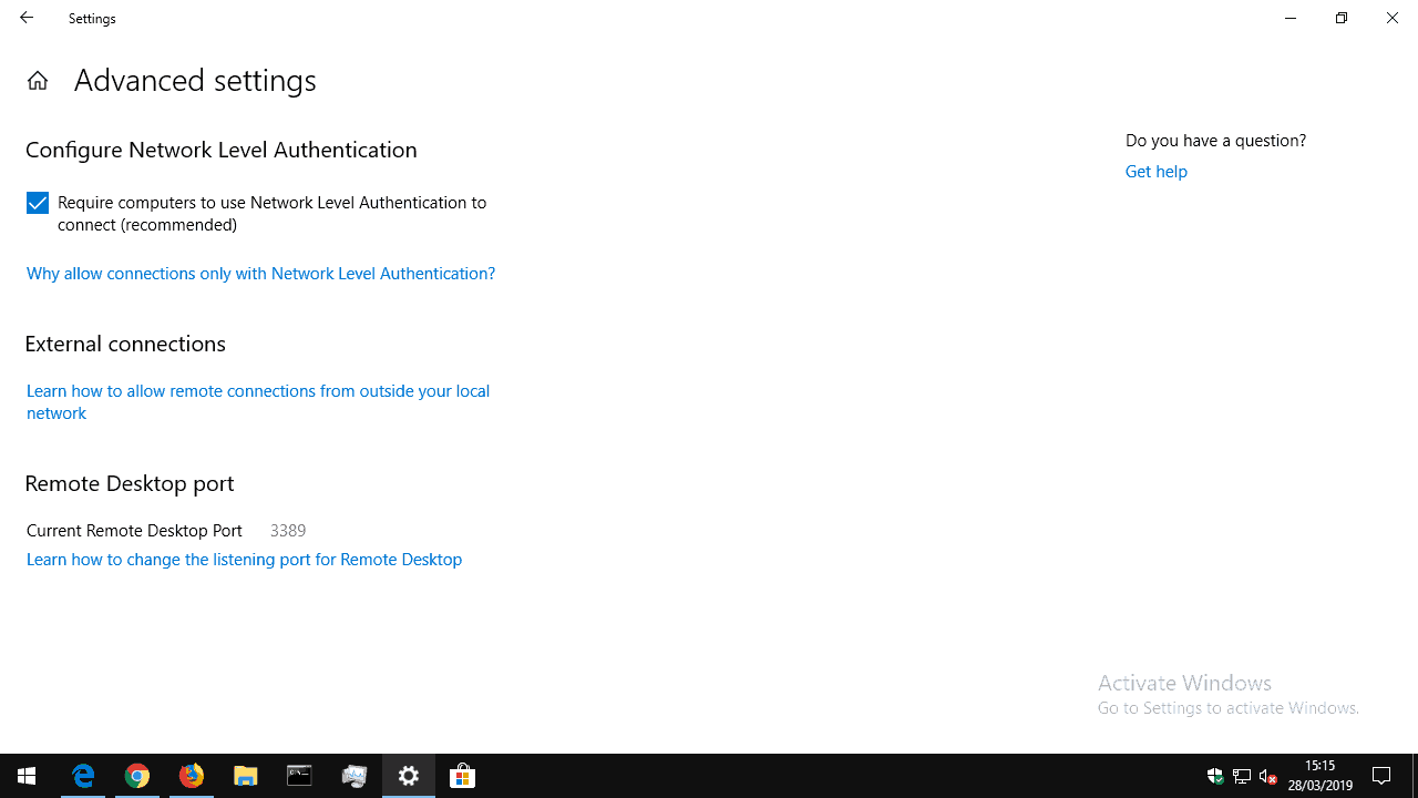 Remote Desktop settings in Windows 10