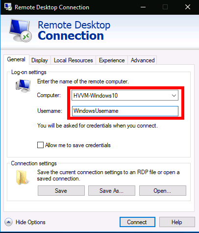 Remote Desktop settings in Windows 10 - making a connection