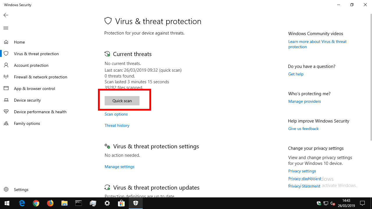 Scanning for v iruses using Windows Security Centre