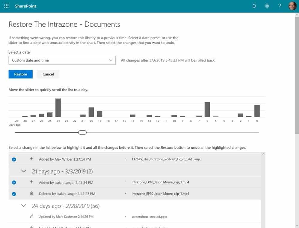 Microsoft starts rolling out File Restore for SharePoint and Microsoft Teams - OnMSFT.com - April 23, 2019