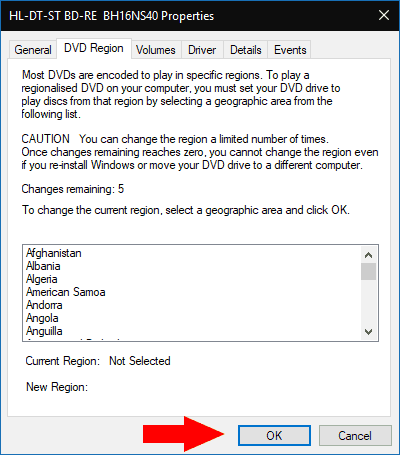 Editing DVD drive region in Windows 10