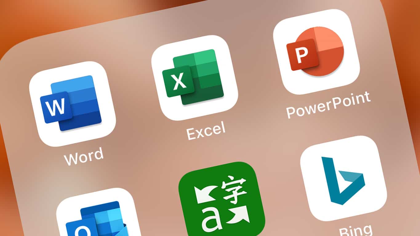 Microsoft Word, Excel, Bing, Microsoft Translate, Outlook, and PowerPoint apps on iOS