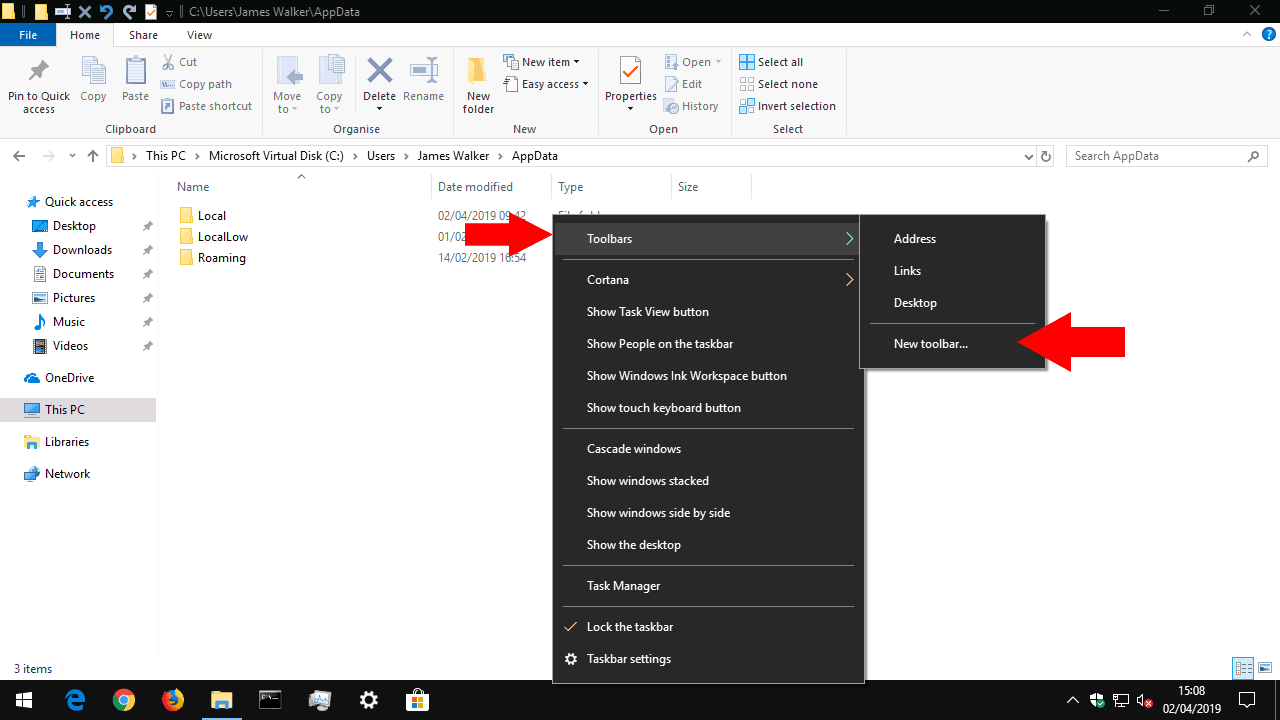 Windows 10 taskbar toolbar creation