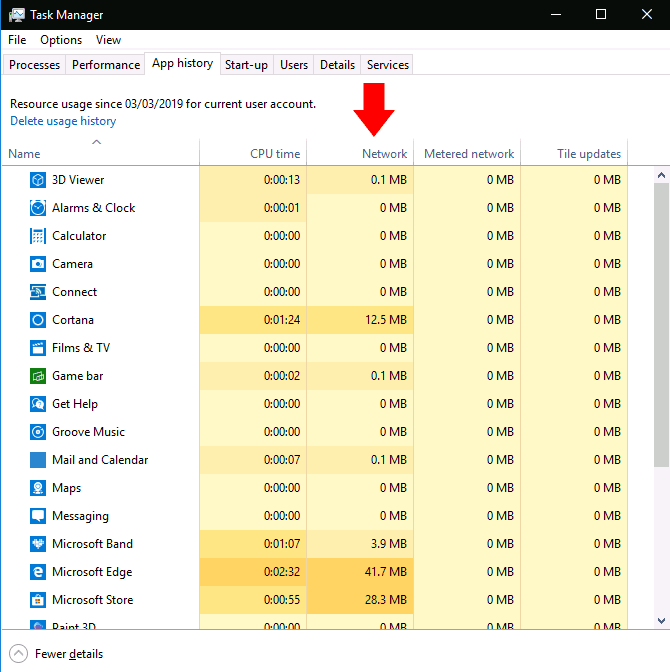 Monitoring network activity in Task Manager
