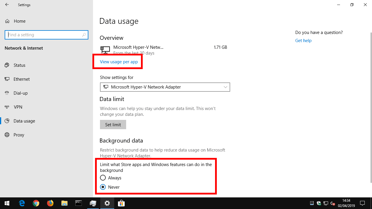 Windows 10 Data usage settings