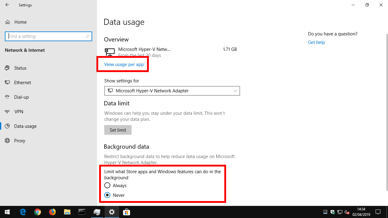 configurações de Uso de dados do Windows 10