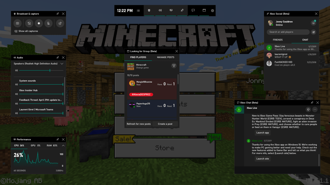 Xbox game bar in minecraft