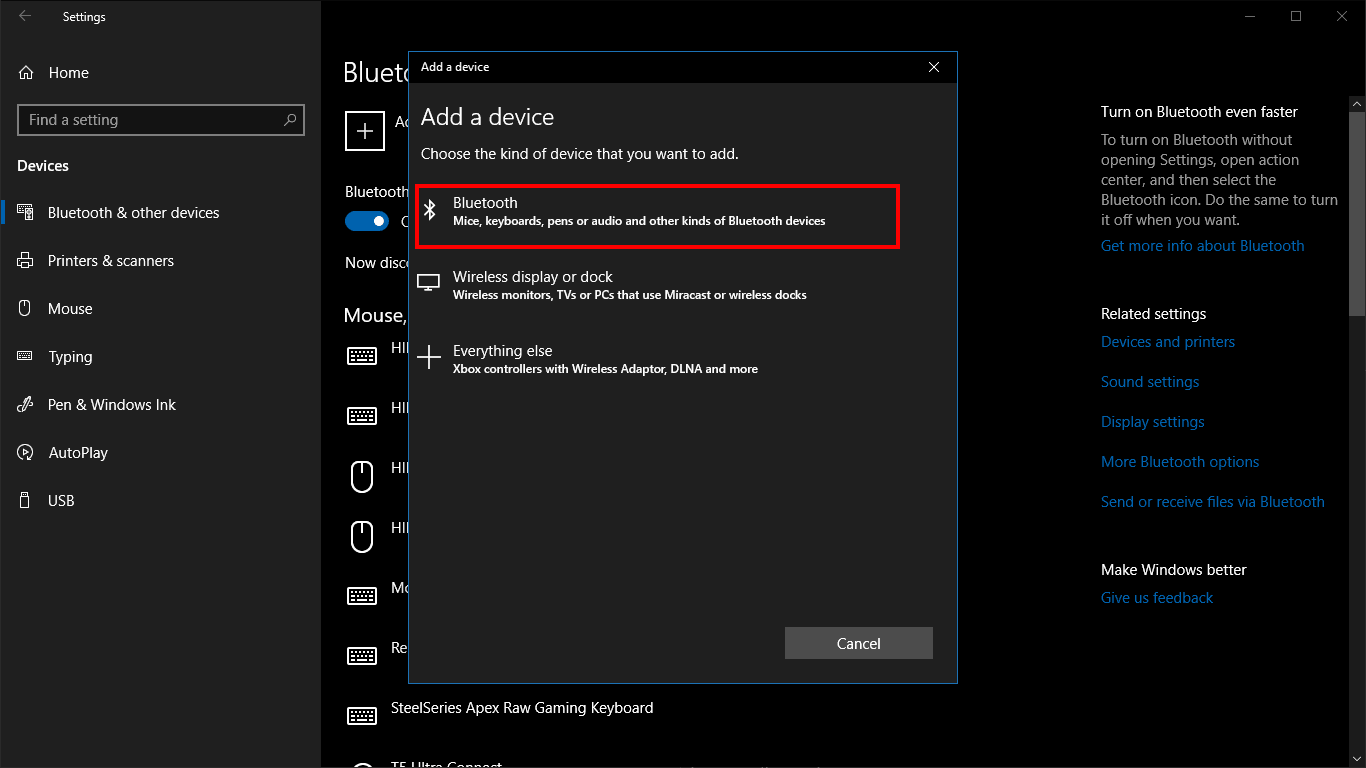Screenshot of adding a Bluetooth device in Windows 10