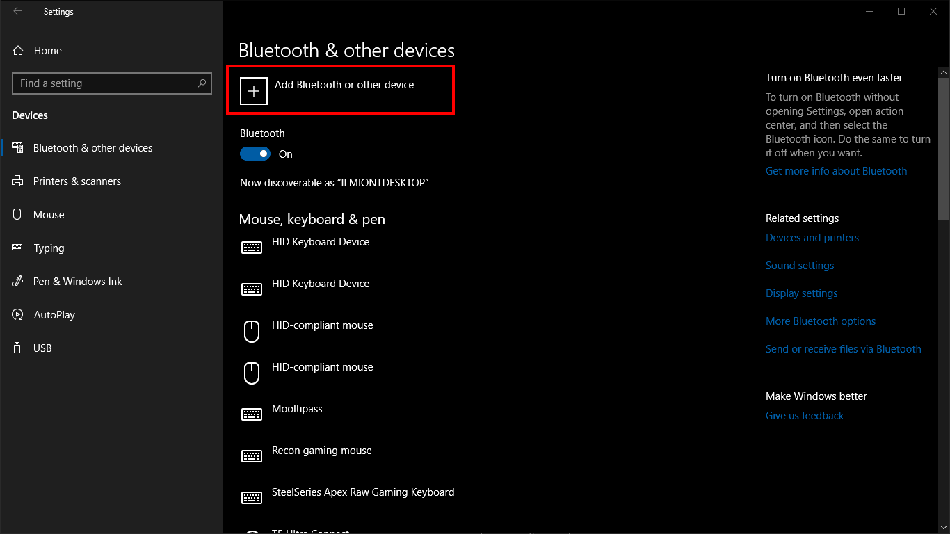 Screenshot of adding a Bluetooth device in Windows 10