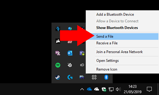 Screenshot of sending a file using Bluetooth in Windows 10