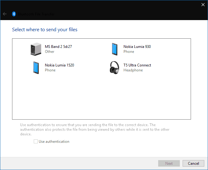 Screenshot of sending a file using Bluetooth in Windows 10