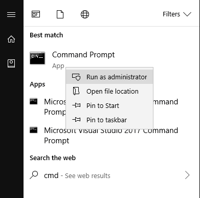Screenshot of launching Command Prompt as administrator in Windows 10