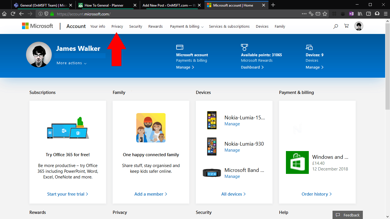 Screenshot of Microsoft account page with arrow pointing to privacy link